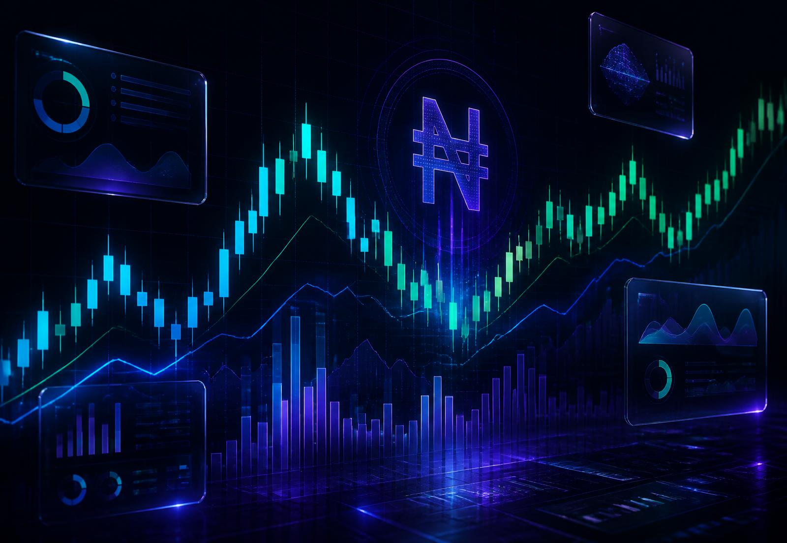 Abstract dark trading chart with electric blue, cyan and violet glow representing funded trading capital